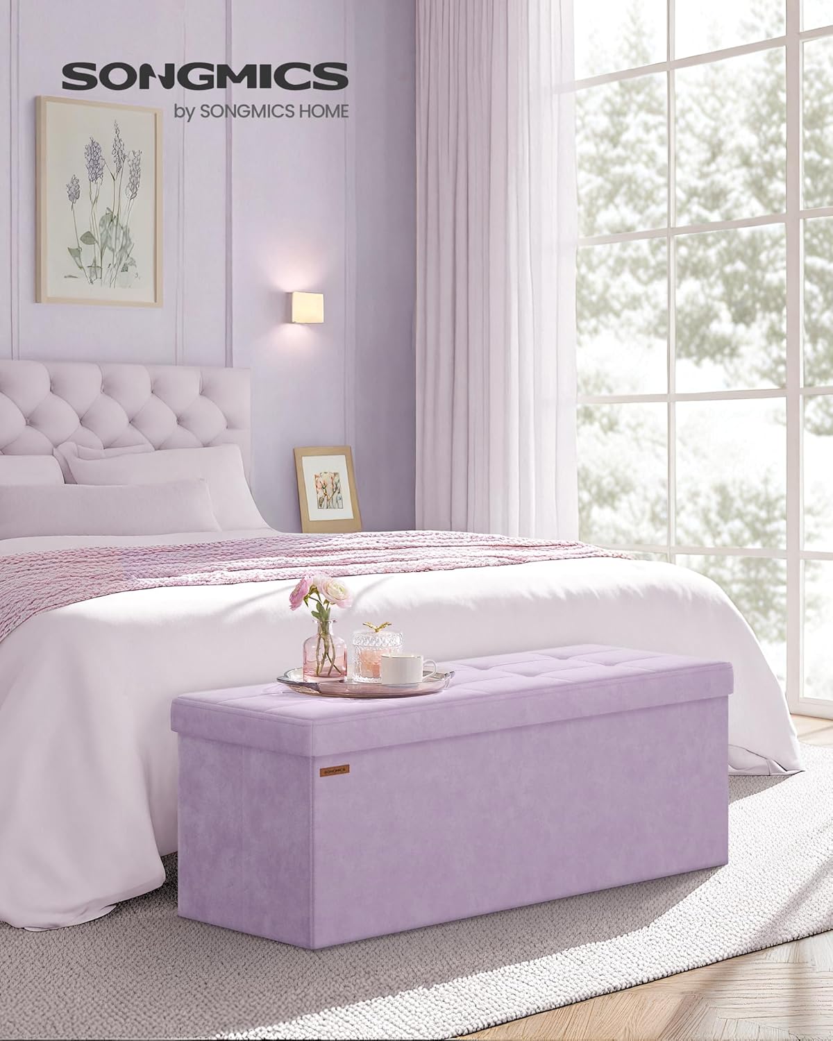 SONGMICS Mazie Collection - Storage Ottoman Bench, Foldable Foot Rest, 15 x 43 x 15 Inches, End of Bed Bench, Storage Chest, Load 660 lb, Living Room, Bedroom, Entryway, Jelly Pink ULSF277R01