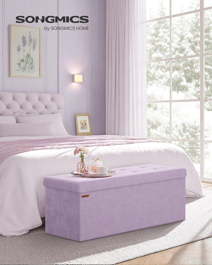 SONGMICS Mazie Collection - Storage Ottoman Bench, Foldable Foot Rest, 15 x 43 x 15 Inches, End of Bed Bench, Storage Chest, Load 660 lb, Living Room, Bedroom, Entryway, Jelly Pink ULSF277R01