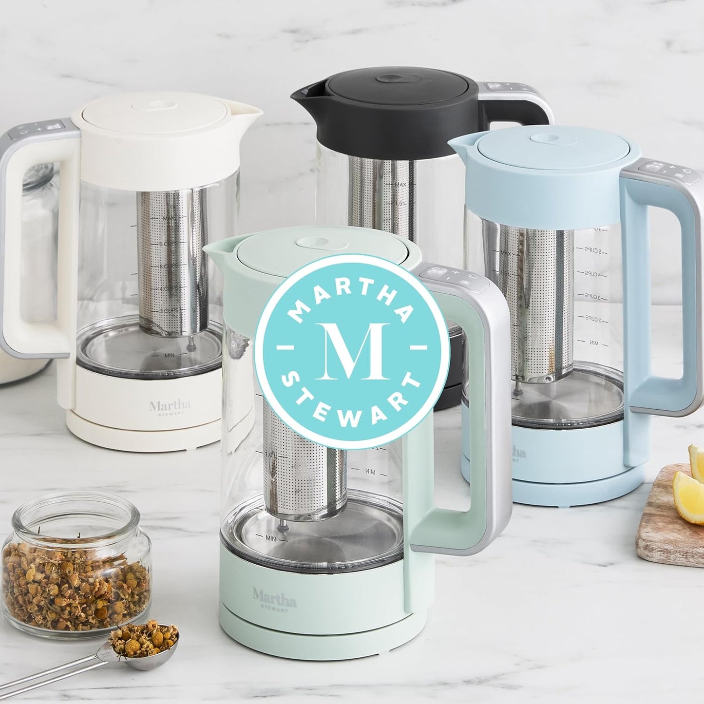 Martha Stewart Electric Kettle with Removable Stainless Steel Tea Infuser, Glass Carafe 1.7L (7 Cups), Hot Water Boiler, 4 Presets, Keep Warm & Auto Shut-Off, Cordless 360° Swivel Base, Honeydew Green