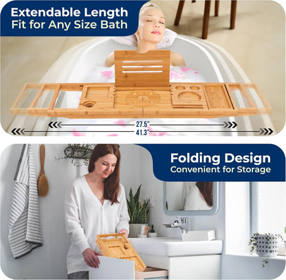 SereneLife 2 in 1 Bed and Bath Tray - Foldable Bamboo Bathtub Caddy with Adjustable Length, Non-Slip, Device Holder, Wine Glass Slot, Expandable for Comfortable Bathing, Natural, Folding Set