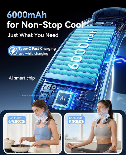 Neck Air Conditioner, Portable Neck Fan with Large Cooling Area, 22H Max Cooling, 100 Speeds, 6000mAh Battery, Digital Display, Wearable Fan for Outdoor Work, Office & Travel Black