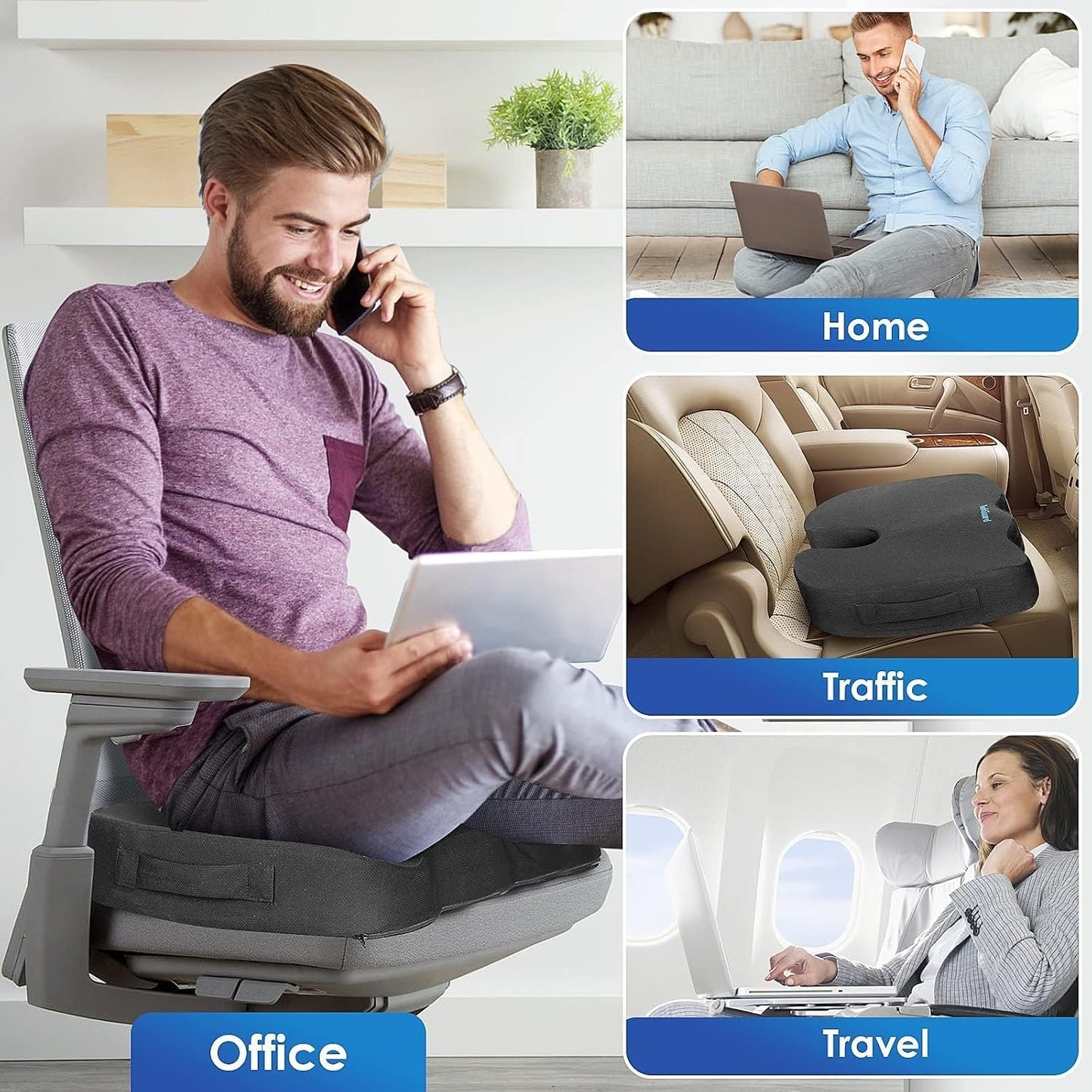 TushGuard Seat Cushion for Office Chair Memory Foam Non-Slip Desk Seat Cushion Back, Coccyx, Sciatica, Tailbone Pain Relief Butt Pillow for Office Chair, Car, Wheelchair, Black