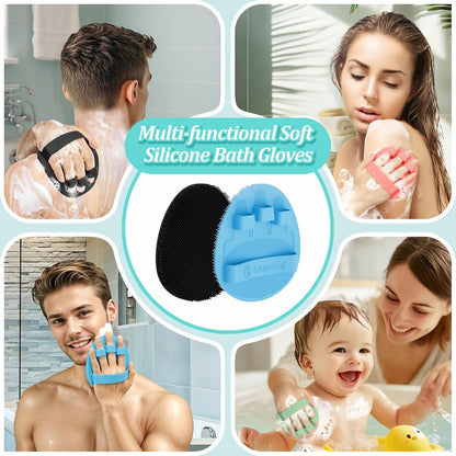 Silicone Back Scrubber & Bath Glove Set 2PCS, 13.4'' Gentle Shower Back Scrubber with Dual-Side Head Non-Slip Handle, 360° Anti-Slip Hand-fit Bath Glove for Rich Foaming Deep Cleaning(Black)