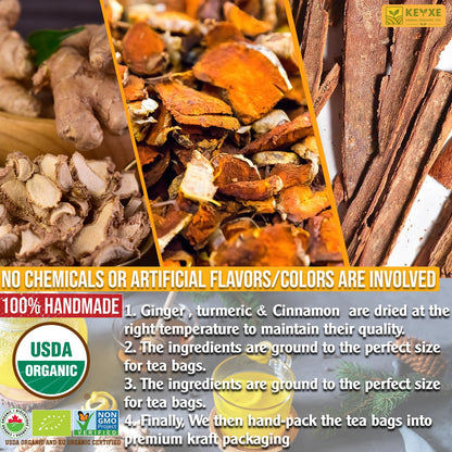 USDA Organic Turmeric Ginger Cinnamon Tea Bags (50 Count) ñ Supports Digestion, Brain, Skin, Sleep & Joint Mobility ñ Eco-Conscious, Caffeine-Free & Sugar-Free Herbal Wellness Tea ñ Vegan, Non-GMO Natural Root Blend