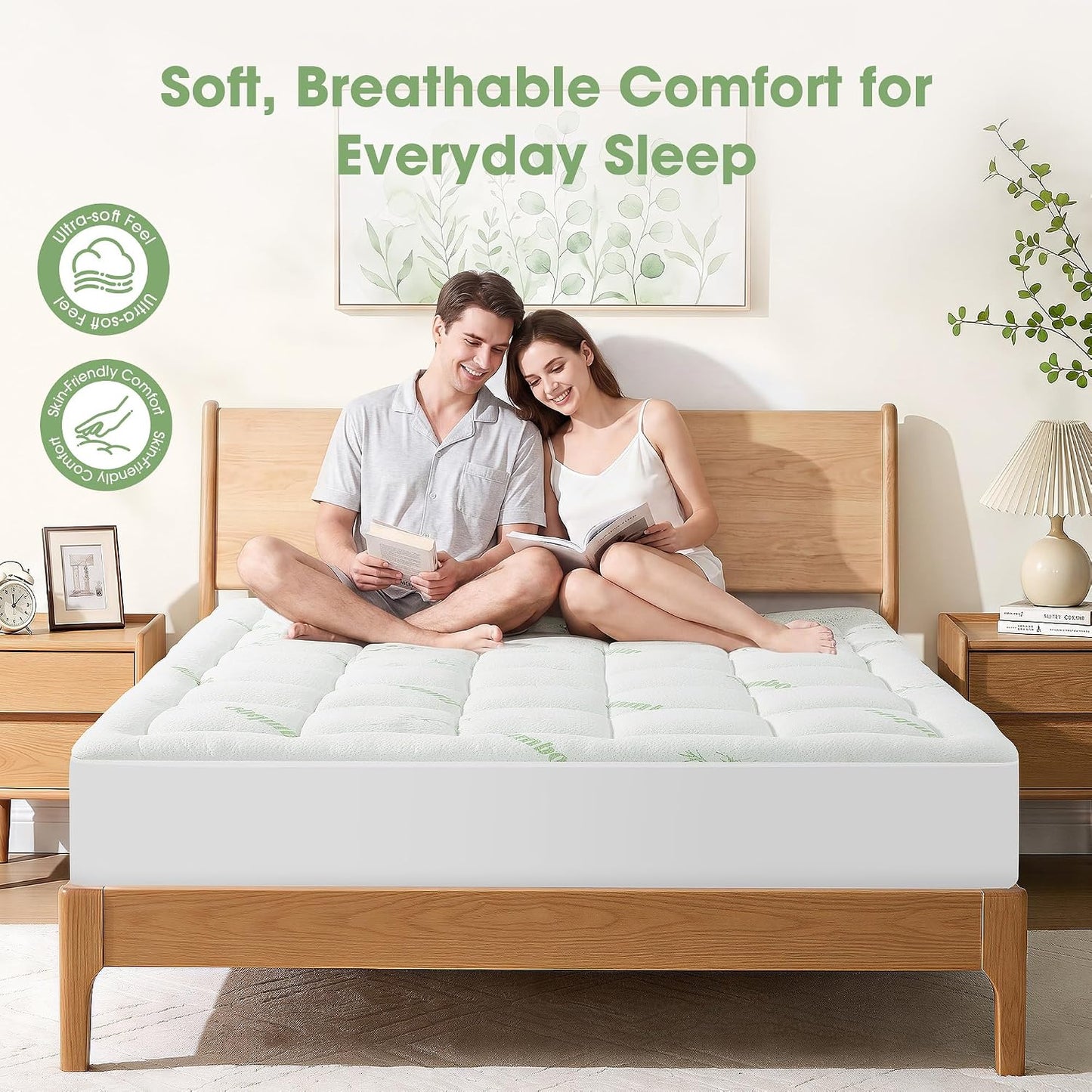 Mattress Pad Queen Size, Cooling Pillow Top Mattress Topper, Ultra Soft Viscose Made from Bamboo, Breathable for Hot Sleepers, Deep Pocket 8"-20", Green