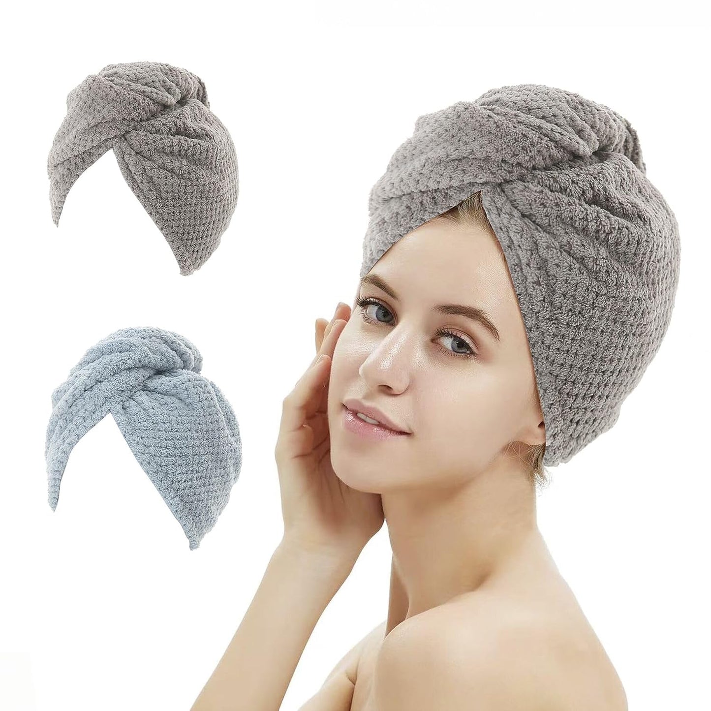 M-bestl 2 Pack Microfiber Hair Towel Wrap,Hair Drying Towel with Button,Quick Dry Hair Towel Turban for Women,Absorbent Anti-frizz Head Towel for Long Thick Curly Hair(Pink&Beige)