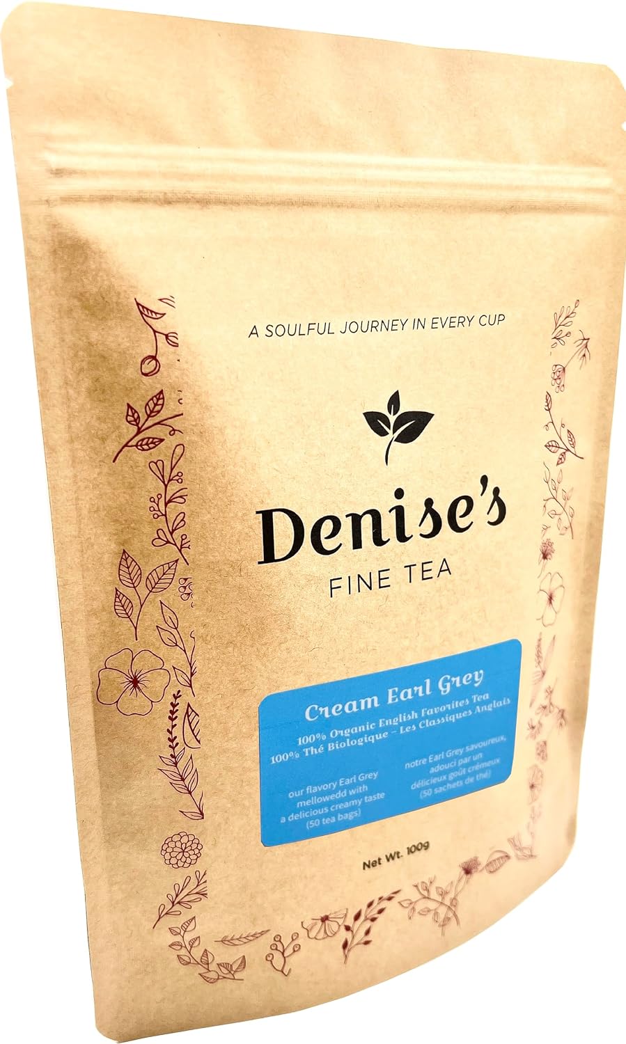 Denise's Fine Tea, USDA Organic, Cream Earl Grey, English Favorites Tea, 50 tea bags (100g)