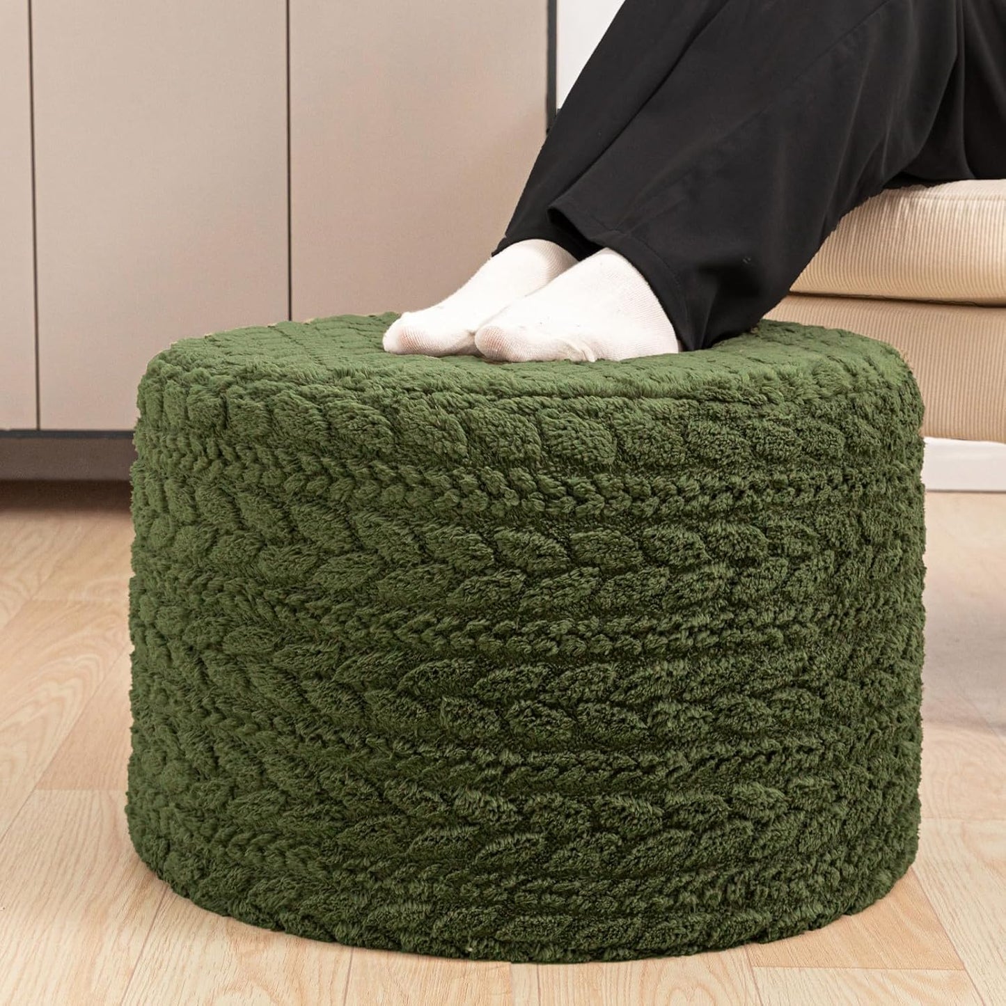 Round Pouf Ottoman Foot Stool 20x14In Ottoman Footrest for Couch Sofa Green