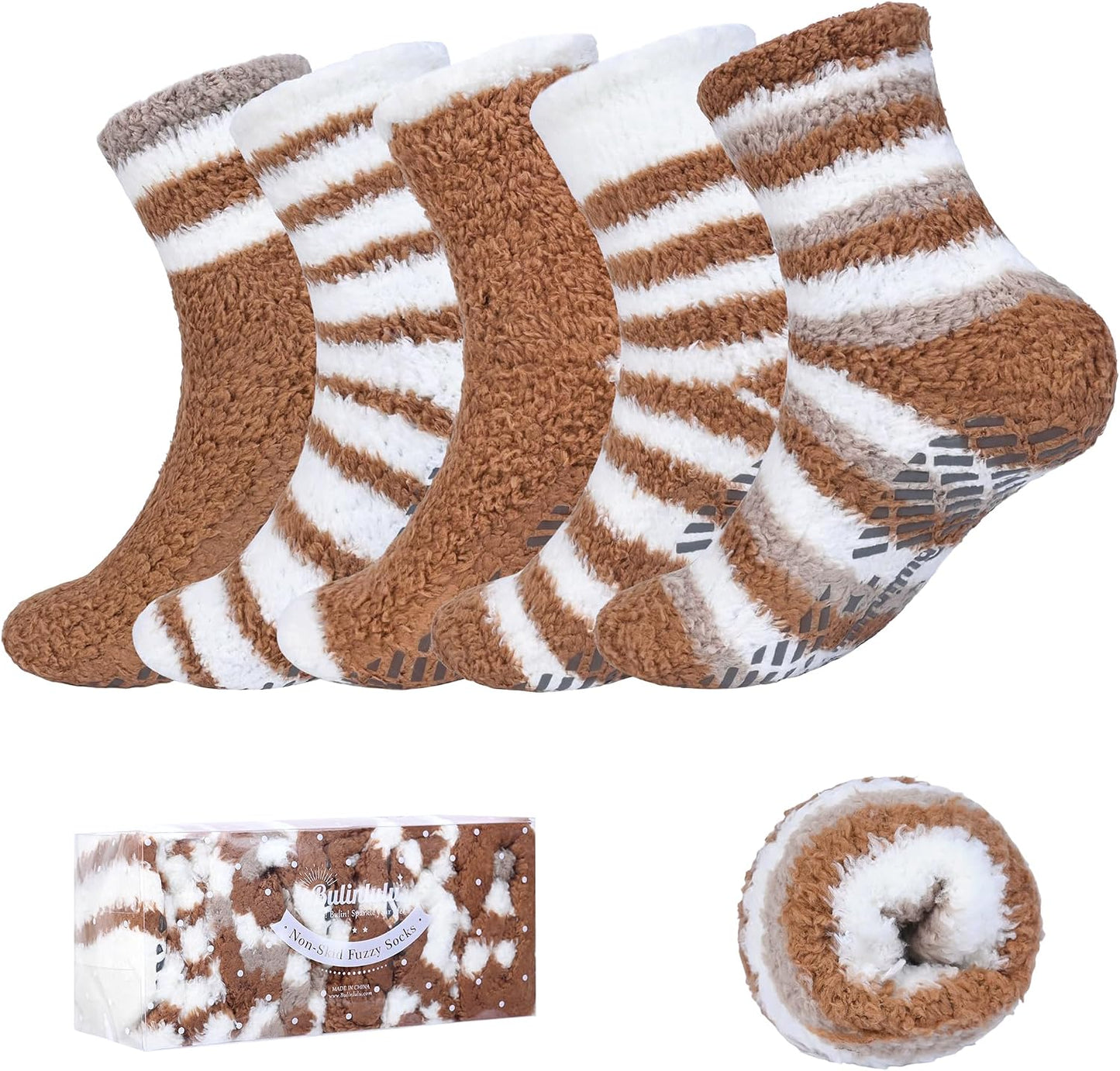 Bulinlulu Fuzzy Socks With Grips for Women, 5 Pairs Non Slip Sleep Warm Fluffy Slipper Socks Gifts for Women