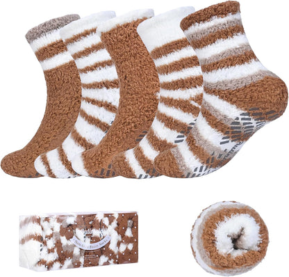 Bulinlulu Fuzzy Socks With Grips for Women, 5 Pairs Non Slip Sleep Warm Fluffy Slipper Socks Gifts for Women