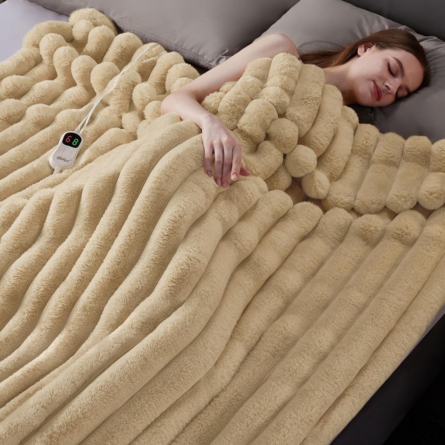 Heated Throw Blanket, Faux Fur Cozy Heating Blanket with Overheat Protection, 1/2/4/6/8 Hours Auto-Off 10 Heat Level, Machine Washable (50x60 Inches, Cream White)