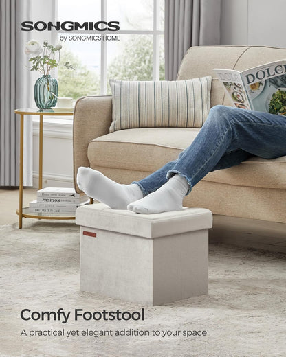 SONGMICS Small Folding Storage Ottoman, Foot Rest Stool, Cube Footrest, Synthetic Leather, 12.2 x 16.1 x 12.2 Inches, 286 lb Capacity, for Living Room, Bedroom, Dorm, Ink Black ULSF100B01