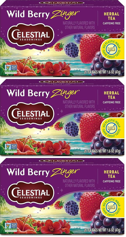 Celestial Seasonings Wild Berry Zinger Herbal Tea, Caffeine Free, 20 Tea Bags Box (Pack of 3)