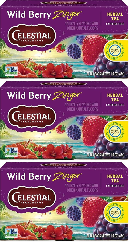Celestial Seasonings Wild Berry Zinger Herbal Tea, Caffeine Free, 20 Tea Bags Box (Pack of 3)