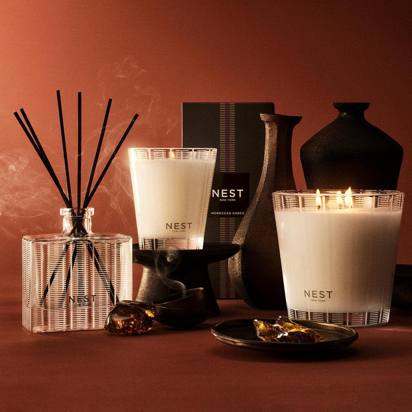 NEST New York Reed Diffuser, Bamboo - 5.9 fl oz - Fragrance for Up to 90 Days - Reusable, Refillable Glass Holder - Includes 8 All-Natural Reed Sticks - Flame Free