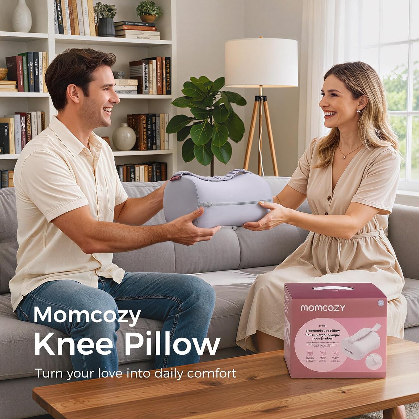 Momcozy Knee Pillow for Side Sleepers, Soft Memory Foam & Pinch-Free Design, Relieve Knee, Leg and Sciatica Pain, Adjustable Elastic Strap Ideal for Pregnant Women and Seniors, White