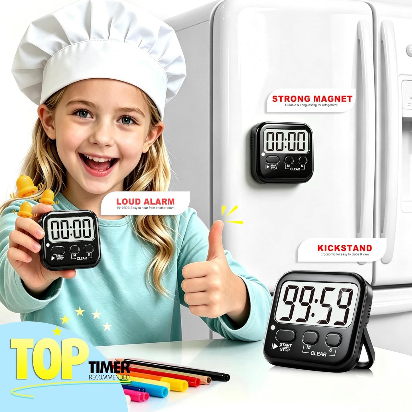 Antonki 2 Pack Digital Timer for Kids, Magnetic Countdown Kitchen Timers for Cooking, Egg, Classroom, Teacher, Exercise, Study, Oven - Battery Included