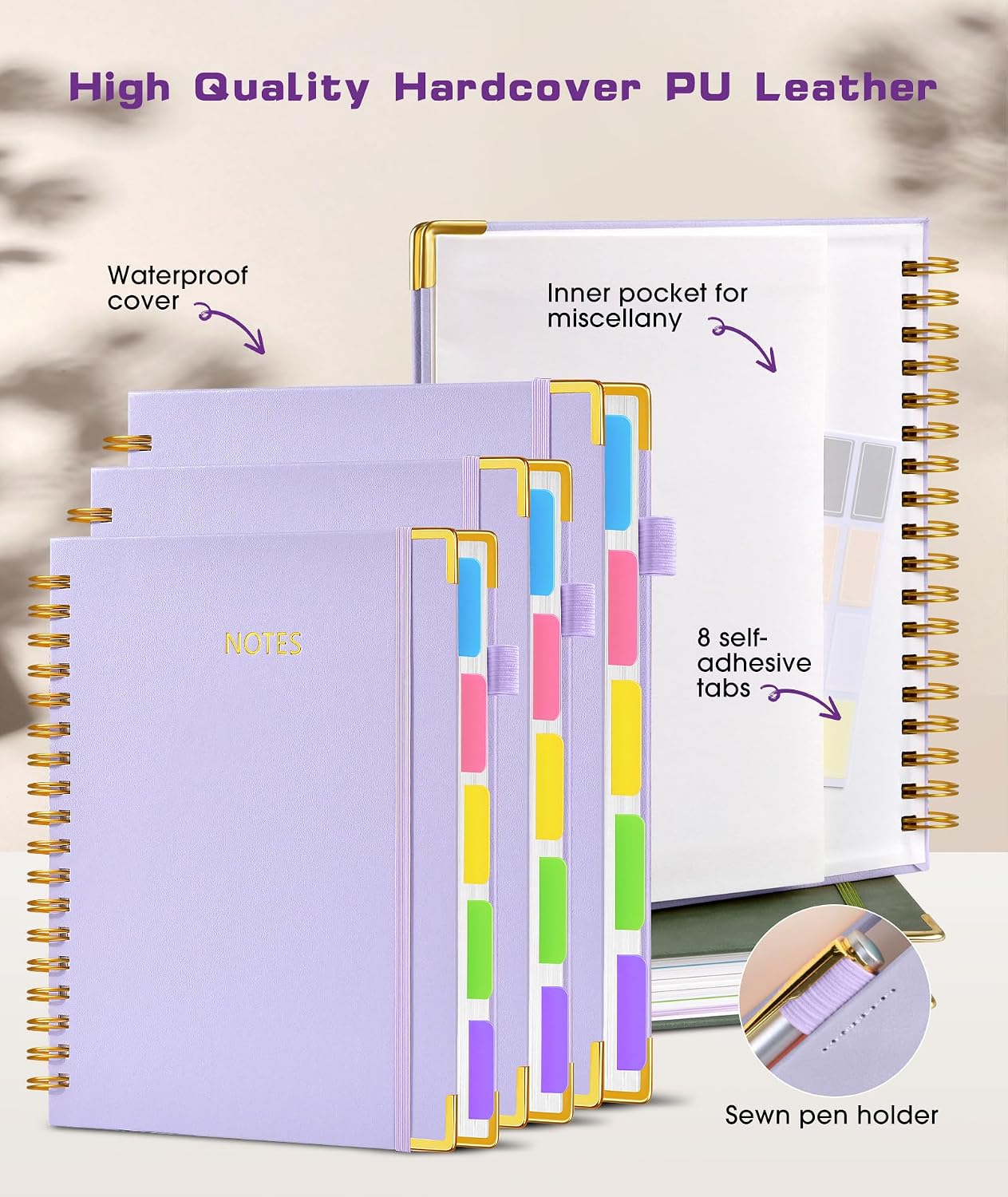 Hardcover Spiral Notebook journal with Removable Dividers Tabs, 300 Pages Leather 5 Subject Notebook College Ruled, 8"x10" Large B5 Notebooks for Work School Note taking, Lined Journal for Women,Black
