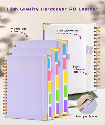Hardcover Spiral Notebook journal with Removable Dividers Tabs, 300 Pages Leather 5 Subject Notebook College Ruled, 8"x10" Large B5 Notebooks for Work School Note taking, Lined Journal for Women,Black
