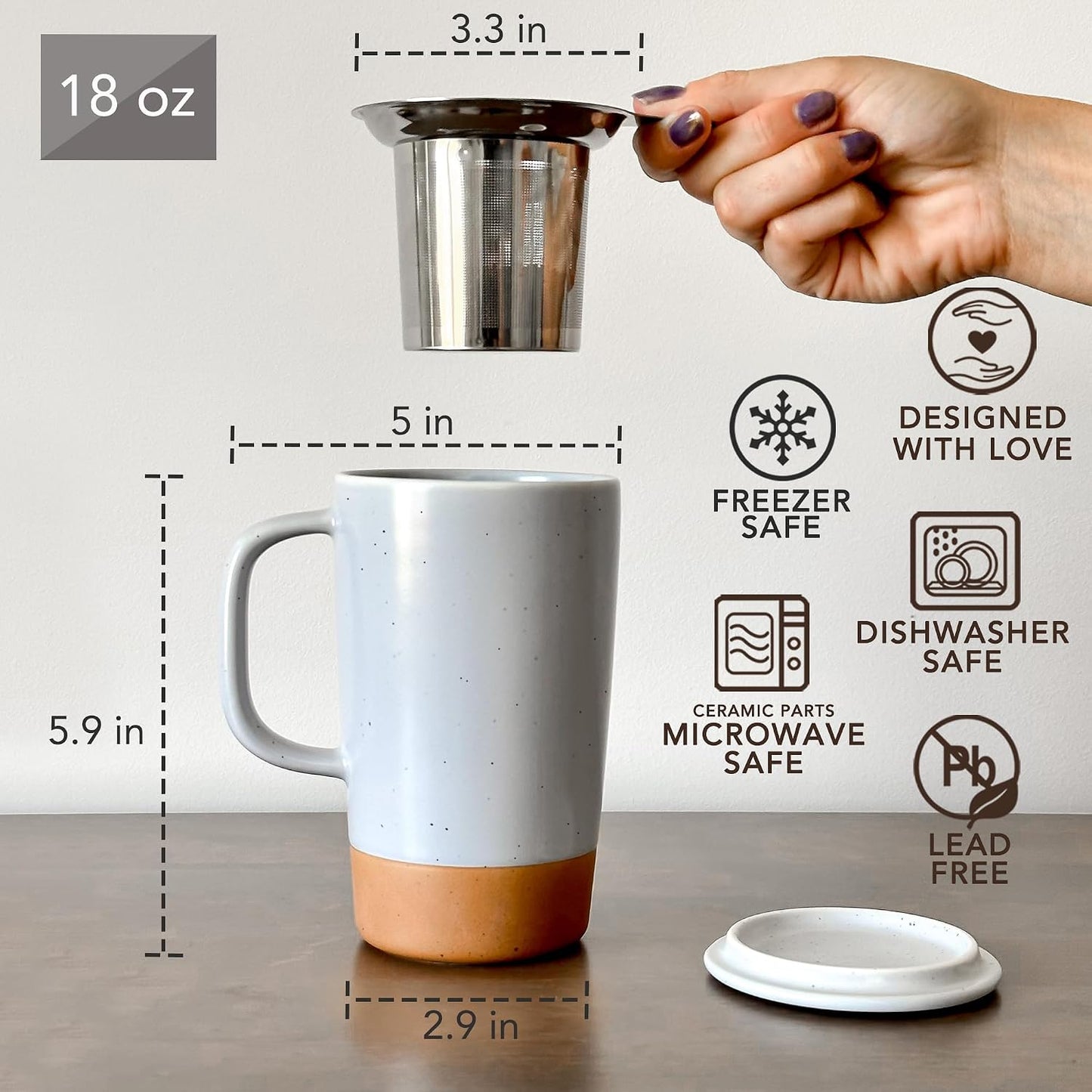 Mora Ceramics Large Tea Mug with Loose Leaf Infuser and Ceramic Lid, 18 oz, Portable, Microwave and Dishwasher Safe, Tall Coffee Cup - Rustic Matte Ceramic Glaze, Modern Herbal Tea Strainer, Olive