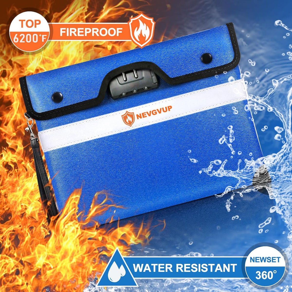 Upgraded 6200°F Fireproof Document Bag with Lock, Fire proof Money Bag for Cash with Zipper/Reflective Strip, 9 Layer of Heat Insulated Material, Water Resistant Fireproof Bags for Documents,Safe Bags