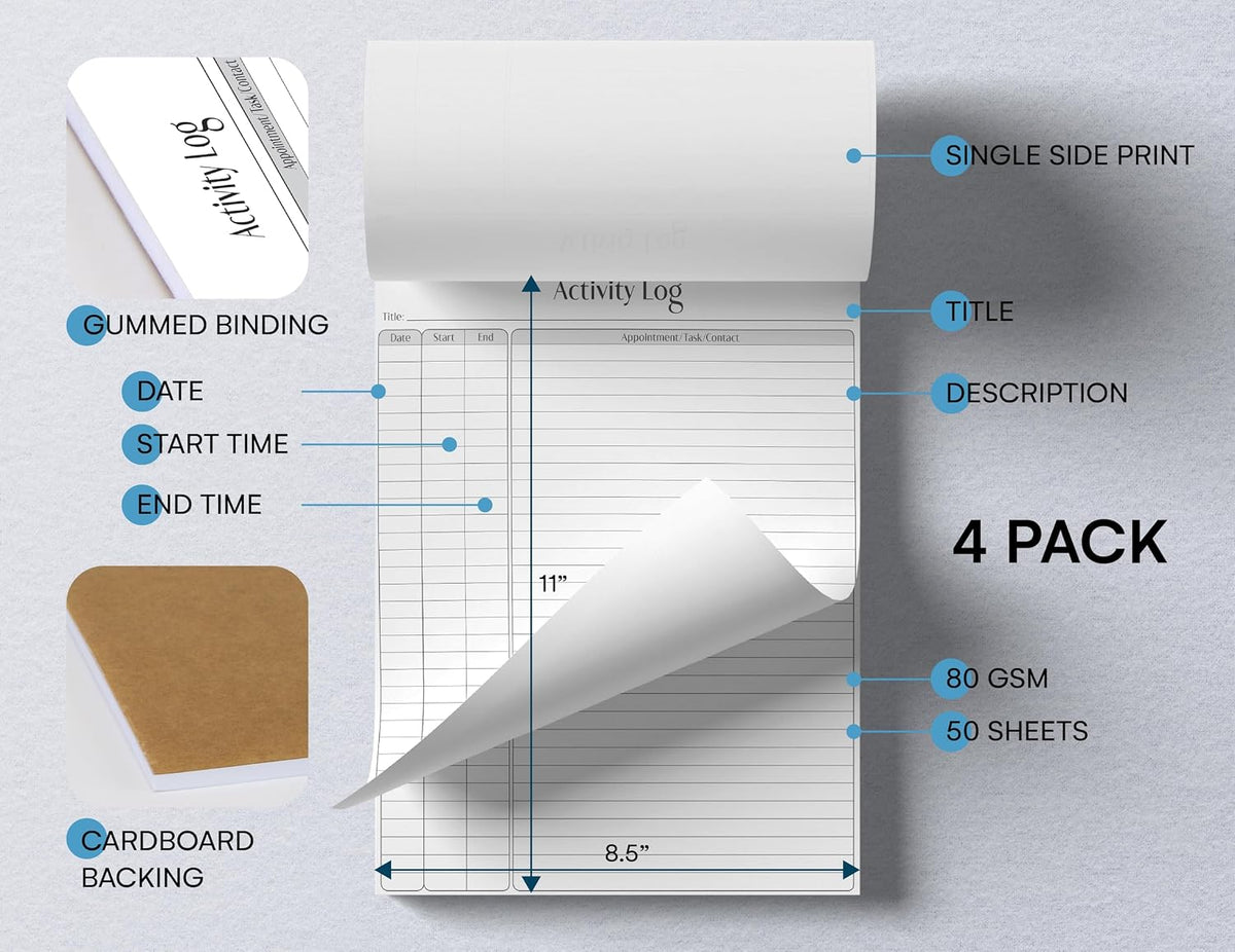Better Office Products Activity Log Notepad, 8.5" x 11", Planning Note Pad, 50 Sheets, Daily Time Tracking Productivity Checklist Organizer
