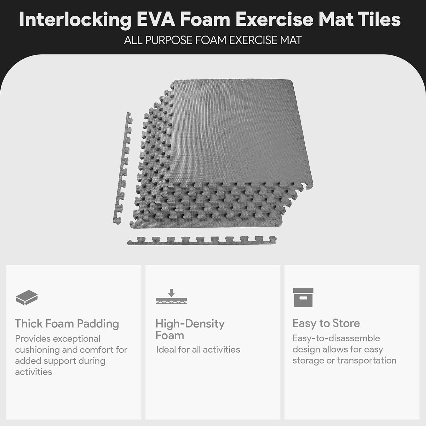 BalanceFrom Puzzle Exercise Mat 1/2" Thick, EVA Interlocking Foam Floor | Tiles for Home Gym, Mat for Home Workout Equipment, Floor Padding for Kids, Black, 24 in x 24 in x 1/2 in, 144 Sq Ft-36 Tiles
