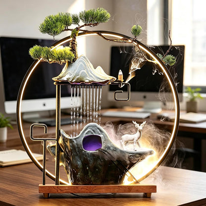 Mini Artificial Bonsai Tree Waterfall Fog Feature Rock Tabletop Fountain | 11in Desktop Decor Waterfall Fountain W/ Water Pump& Atomizer&LED Lights &Fake Tree Office Bedroom Relax