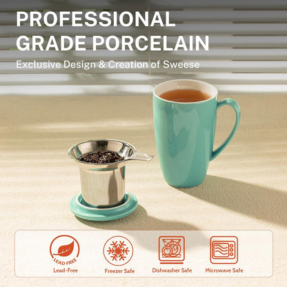 Sweese 15oz Porcelain Tea Mug with Infuser and Lid – Microwave Safe, Ergonomic Handle, Lead-Free Glaze, for Loose Leaf Tea