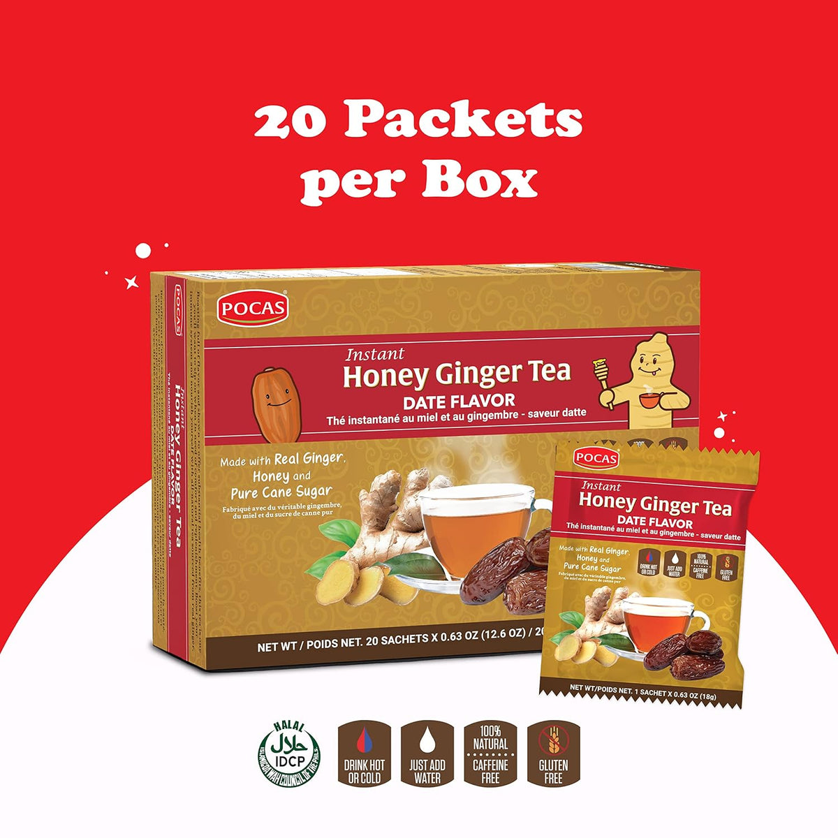 Pocas Honey Ginger Instant Tea Powder, Date Flavor 2-Pack, Ginger Extract & Real Honey, Caffeine-Free Tea, 20 Packets per Box