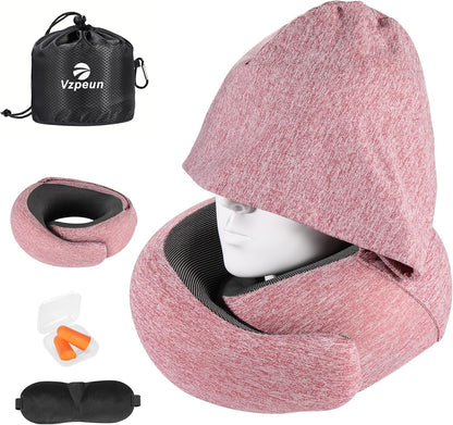 Travel Pillow - Hooded Neck Pillow Airplane Memory Foam Filling for Plane, Office, Cars Sleeping, Road Trip, Long Flights, Airplane Travel Essentials, Includes Eye Mask & Earplugs (Green)