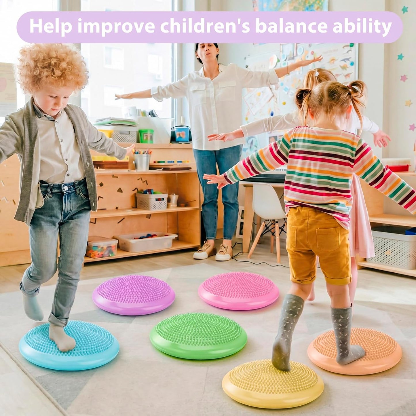 Amylove 6 Pcs Wiggle Seat Inflated Wobble Cushion for Sensory Kid 13 Inch Balance Disc Kids Flexible Seating Exercise Sensory Pad Chair Cushion for Classroom Office School (Bright)