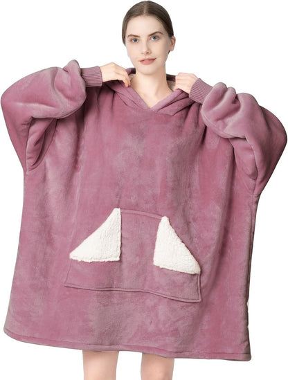 Touchat Wearable Blanket Hoodie, Oversized Sherpa Blanket Sweatshirt with Hood Pocket and Sleeves, Super Soft Warm Plush Hooded Blanket for Adult Women Men, One Size Fits All (Pink)