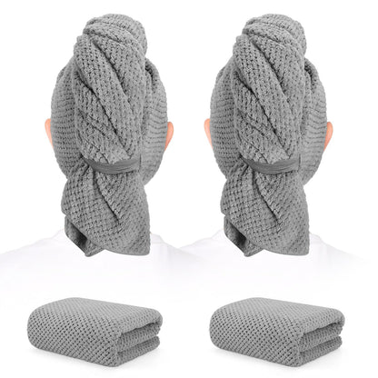 2 Pack Microfiber Hair Towel - 41 x 24 inches Super Soft, Absorbent, Fast Drying Without Frizz Hair Towel Wrap for Women Long, Thick, Curly Hair - Hair Turbans with Elastic Strap