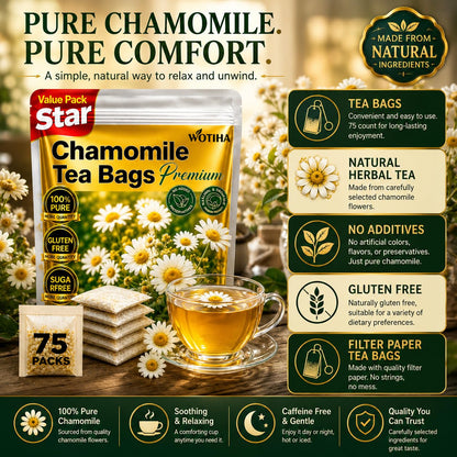 WOTIHA 75 Count Premium Chamomile Tea Bags - Pure Natural Chamomile Flowers, Supports Sleep & Relaxation, Eases Digestion, Caffeine-Free, Additive-Free, Sugar-Free, Vegan, Non-GMO.
