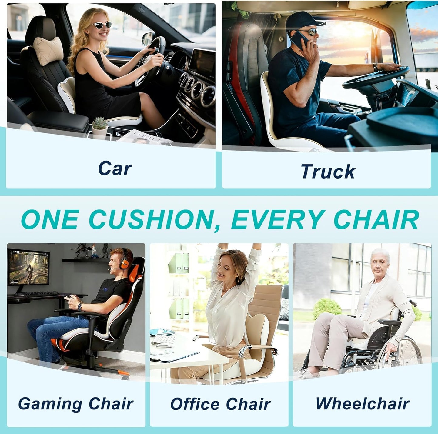Seat Cushion for Office Chair and Car, Lumbar Support Pillow for Office Chair, Memory Foam Ergonomic Seat Cushion for Long Sitting, Back & Tailbone Pain, Sciatica - Dark Gray & Light Gray