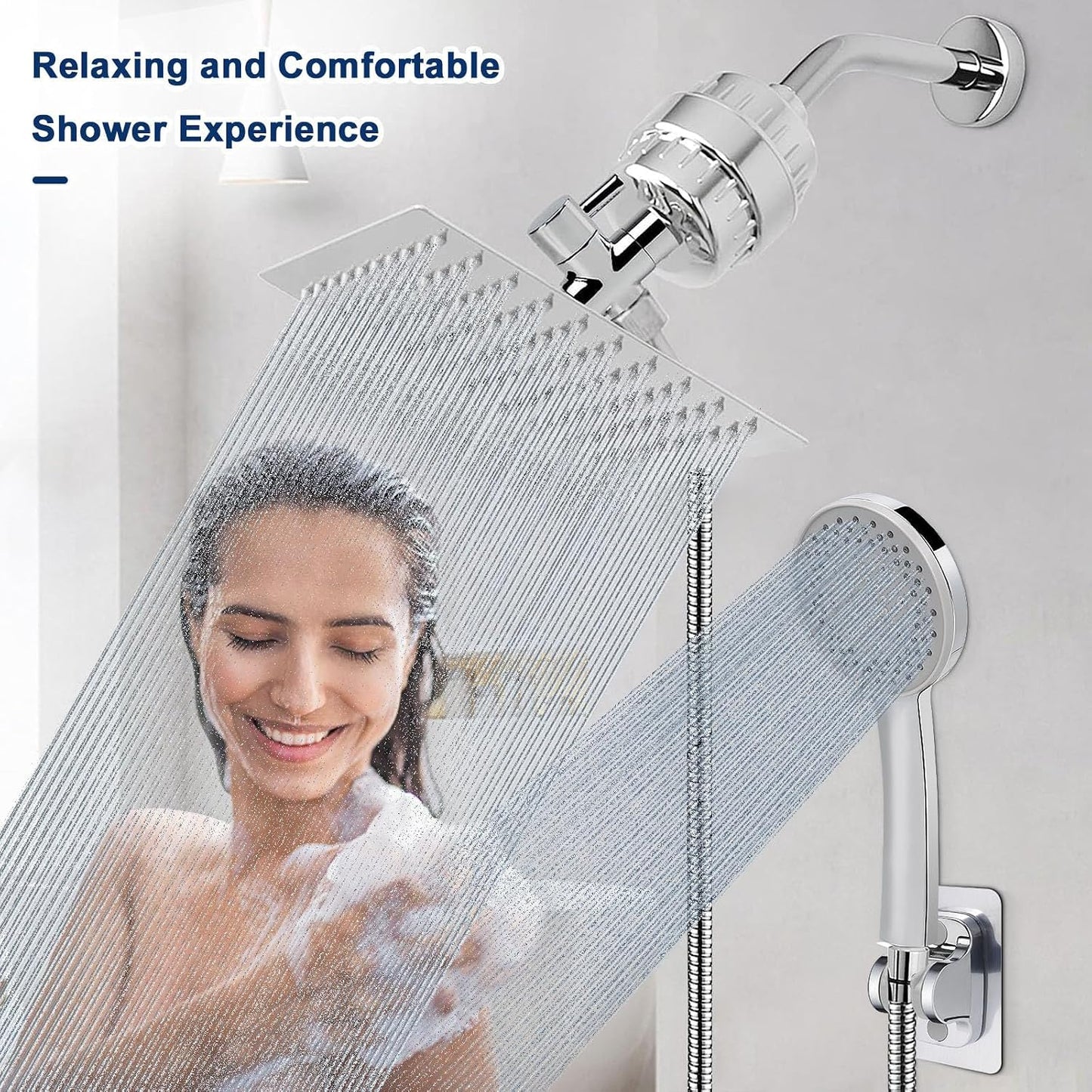NearMoon Filtered Rain Shower Head, High Pressure 8″Square, and 5 settings Handheld Shower Filter Combo with Self-adhesive Holder/1.5M Hose -1 Replaceable Filter Cartridge (Matte Black)