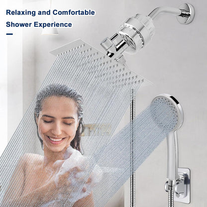 NearMoon Filtered Rain Shower Head, High Pressure 8″Square, and 5 settings Handheld Shower Filter Combo with Self-adhesive Holder/1.5M Hose -1 Replaceable Filter Cartridge (Matte Black)