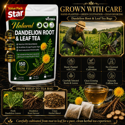 WOTIHA 60 Count Premium Dandelion Root Tea Bags - 100% Natural Roasted, Supports Liver & Kidney Health, Digestion & Immunity, Caffeine-Free, Additive-Free, Gluten-Free, Vegan.