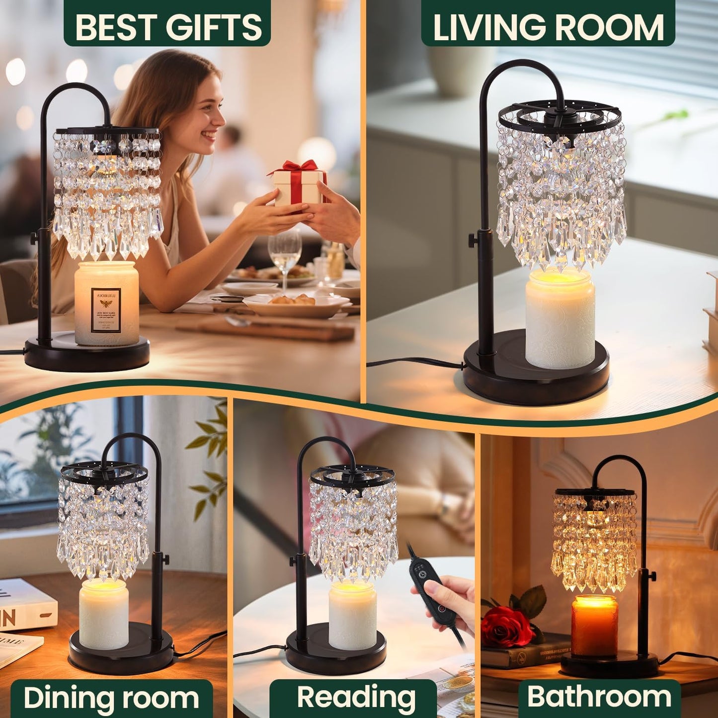 Candle Warmer Lamp with Timer Dimmer and 3 Bulbs, Lamp Candle Warmer with Marble Base,Wax Melt Warmer for Jar Candles, Birthday Gifts for Women Mom, House Warming Gifts New Home Decor (RGB-Black)