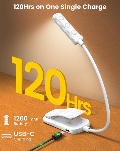 Glocusent 13 LED Reading Lights for Books in Bed, Eye-Caring Rechargeable Book Light 3 Amber Colors & Stepless Dimming, 120 Hrs Runtime, Travel Clip on Reading Lamp, Gifts for Book Lover Men Women Kid