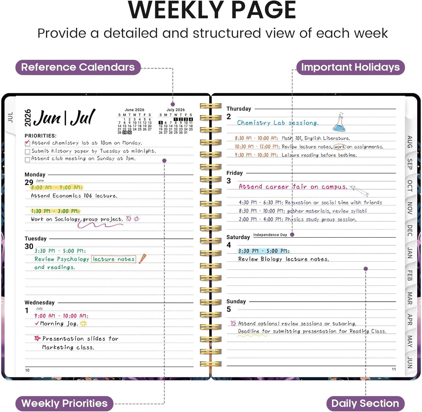Planner 2026-2027, Academic Monthly and Weekly Calendar Planner for Women, July 2026 - June 2027, Hardcover Pretty Agenda Planner Book with Tabs, Spiral Daily Organizer for School Office Home Supplies, 6.3" x 8.5" - Blue Floral
