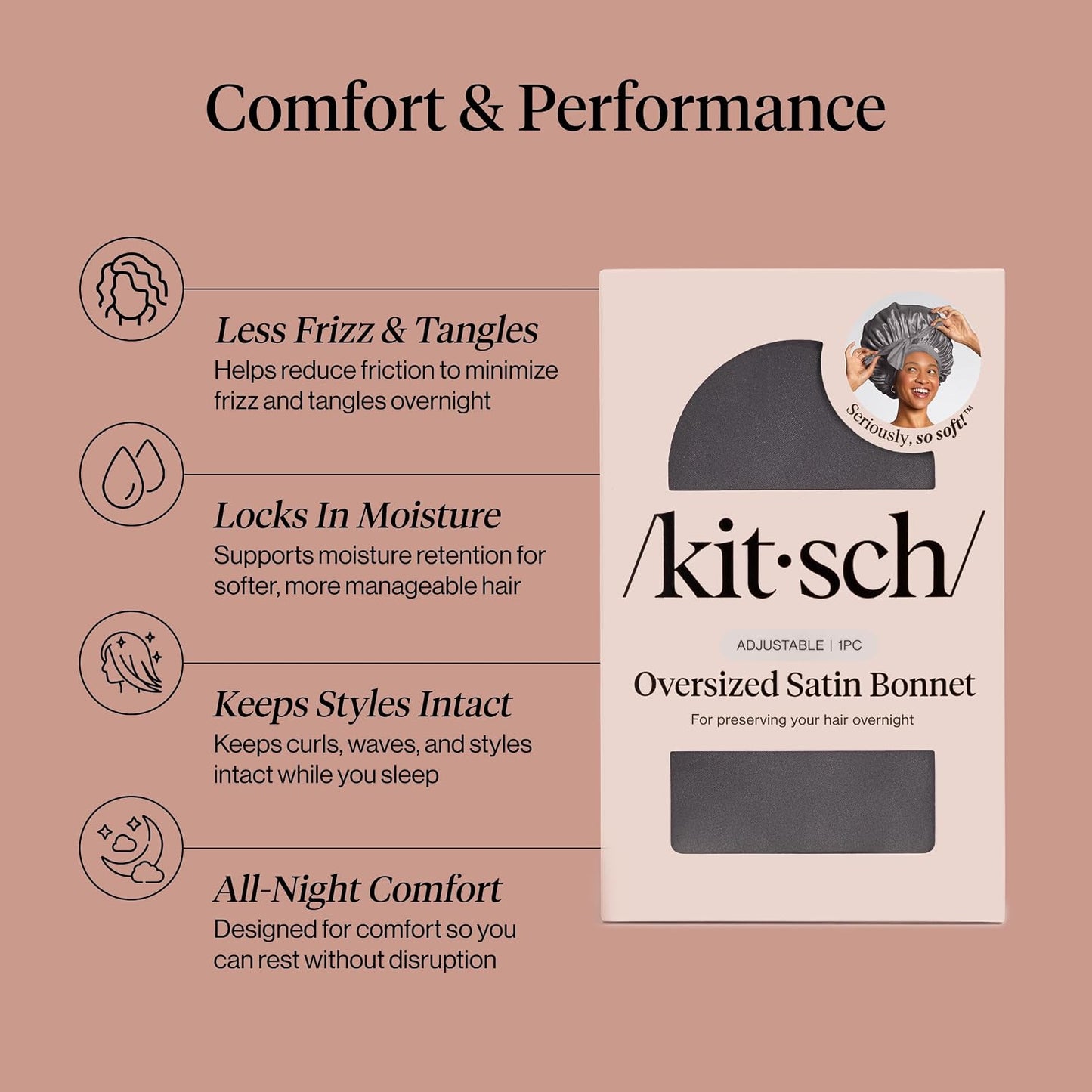 Kitsch XL Satin Bonnet for Sleeping - Softer Than Silk Bonnet For Sleeping Women - Secure Fit, Adjustable, Night Cap For Curly & Textured Hair - Prevents Breakage, Tangles & Thinning - Blush