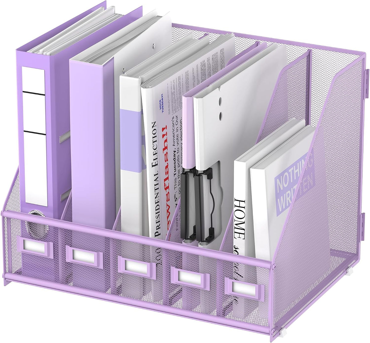 SUPEASY Desk Organizers Metal Desk Magazine File Holder with 5 Vertical Compartments Rack File Organizer for Office Desktop, Classroom, Home Workspace, Black