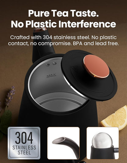 Viante Alba Electric Tea Kettle with Infuser, No Plastic In Contact With Water, 1.5L Borosilicate Glass, 304 Stainless Steel, 4 Temperature Presets, Keep Warm, Cordless, Auto Shut-Off