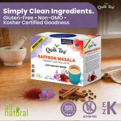 QuikTea Instant Saffron Masala Chai Tea Latte Unsweetened, 10 Single-Serve Sachets, Artisanal Indian Chai Latte Mix, Just Add Hot Water, Low Caffeine, Non-GMO, Gluten Free.