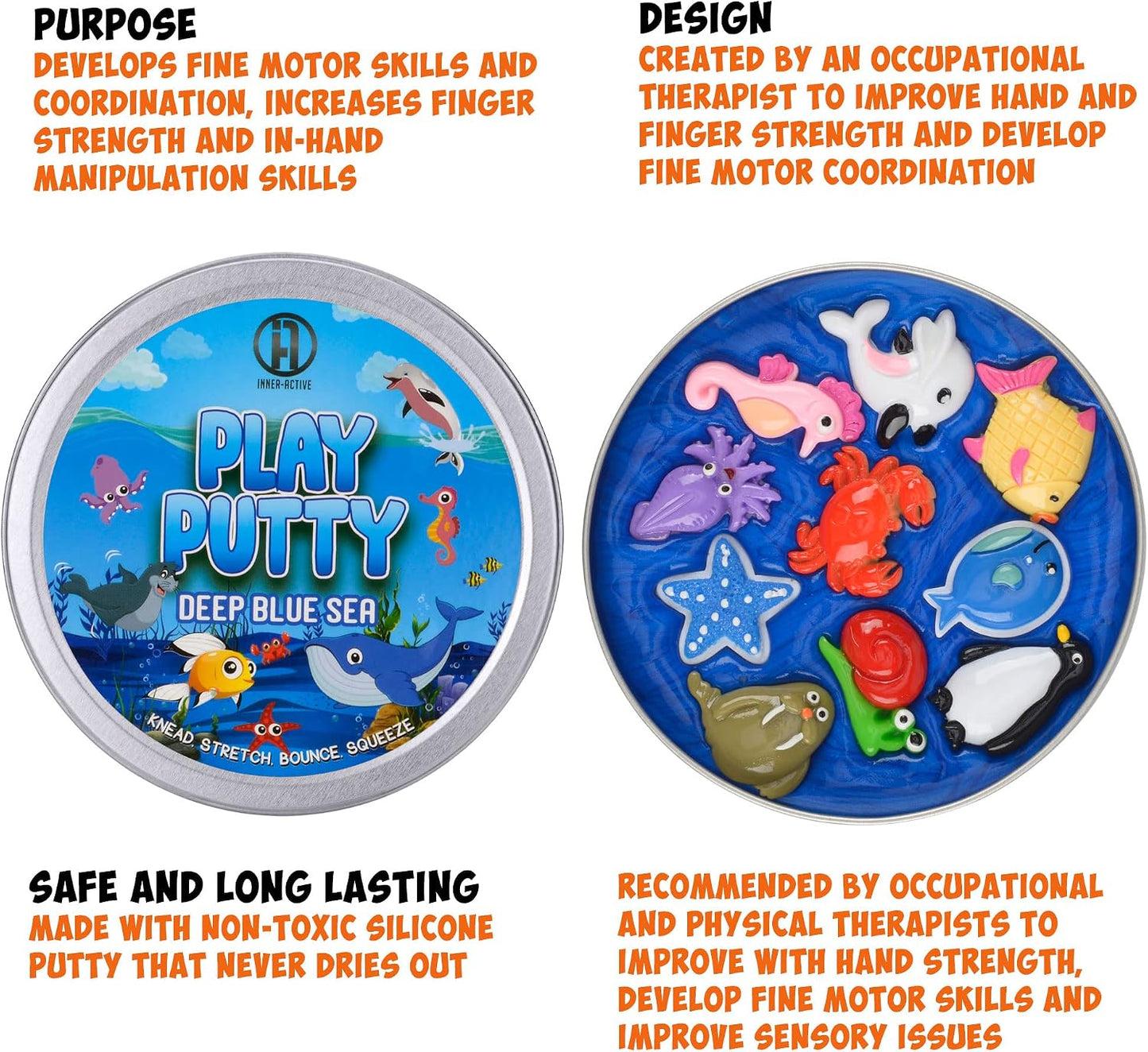 INNER-ACTIVE Play Putty Therapy Putty for Kids with Charms Deep Blue Sea Theraputty Medium Resistance, Increase Fine Motor Skills and Finger Strength, Physical and Occupational Therapy Toy