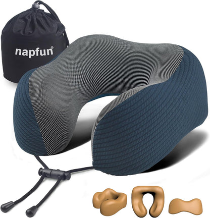 napfun Neck Pillow for Traveling, Upgraded Travel Neck Pillow for Airplane 100% Pure Memory Foam Travel Pillow for Flight Headrest Sleep, Portable Plane Accessories, Light Grey