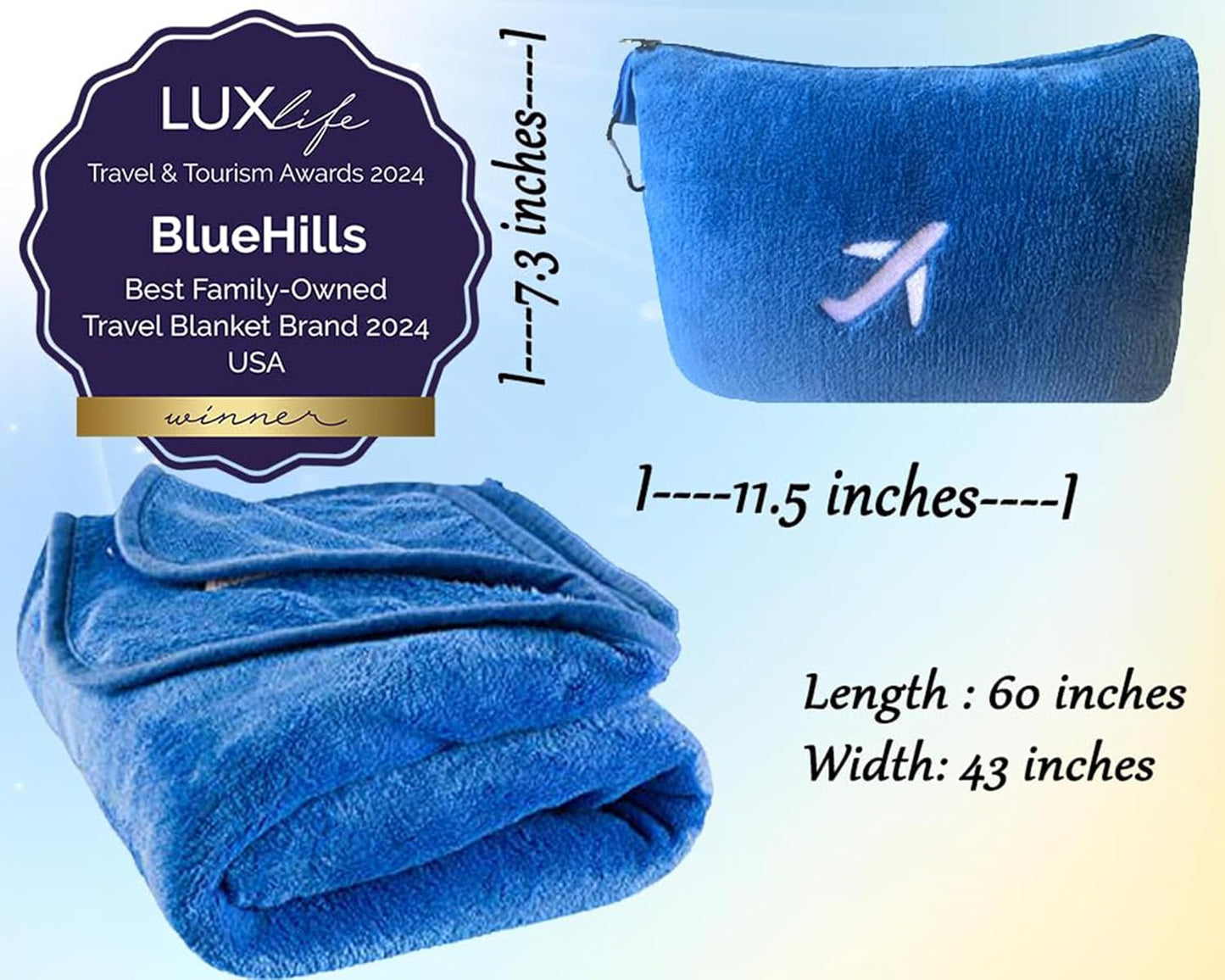 BlueHills Premium Soft Plush Mini Travel Blanket Pillow Plane 2 in 1 Gray