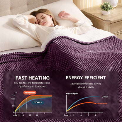 Homemate Heated Blanket Electric Throw - 50"x60" Heating Blanket Throw 1/2/4/6/8 Hours Auto-Off 10 Heat Levels Over-Heat Protection Soft Flannel Sherpa Heater ETL Certification